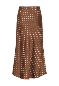 Brun knælængde nederdel med en udvidet kant, der har en glat tekstur og et hvidt polkaprikket mønster på stoffet. Elastisk linning.