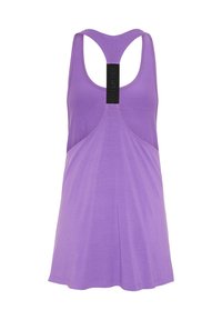 Purple tank top with a racerback design, made of soft fabric. Features a contrasting black label at the center back and a curved hemline.