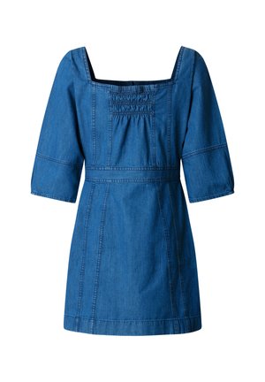 Blue denim dress with square neckline, three-quarter sleeves, fitted waist, and gathered stitching detail on chest panel.