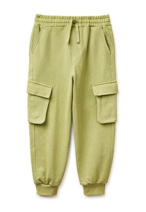 Lichtgroene cargobroek met elastische tailleband, trekkoord, zijzakken en omgeslagen enkels.