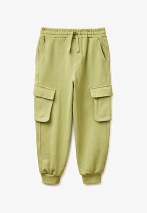 Pantalones jogger cargo de color verde claro con cintura elástica, cordón ajustable, bolsillos laterales y tobillos con puños.