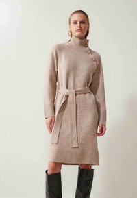 Beiges gestricktes Kleid mit hohem Kragen, gerippten Bündchen und einem Taillengürtel. Verfügt über drei dekorative Knöpfe an der Schulter und einen geraden Saum.