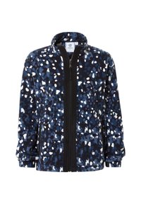 Fleece jacket with high collar, blue and white abstract pattern, full front zipper, and black trim along the zipper and cuffs.