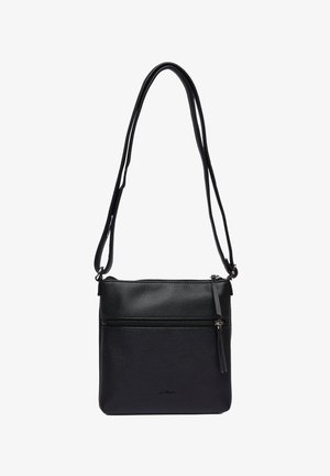 Schwarze Leder-Crossbody-Tasche mit zwei Reißverschlusstaschen, strukturiertem Oberflächenmaterial, verstellbaren Trägern und einem kleinen Quasten-Detail.