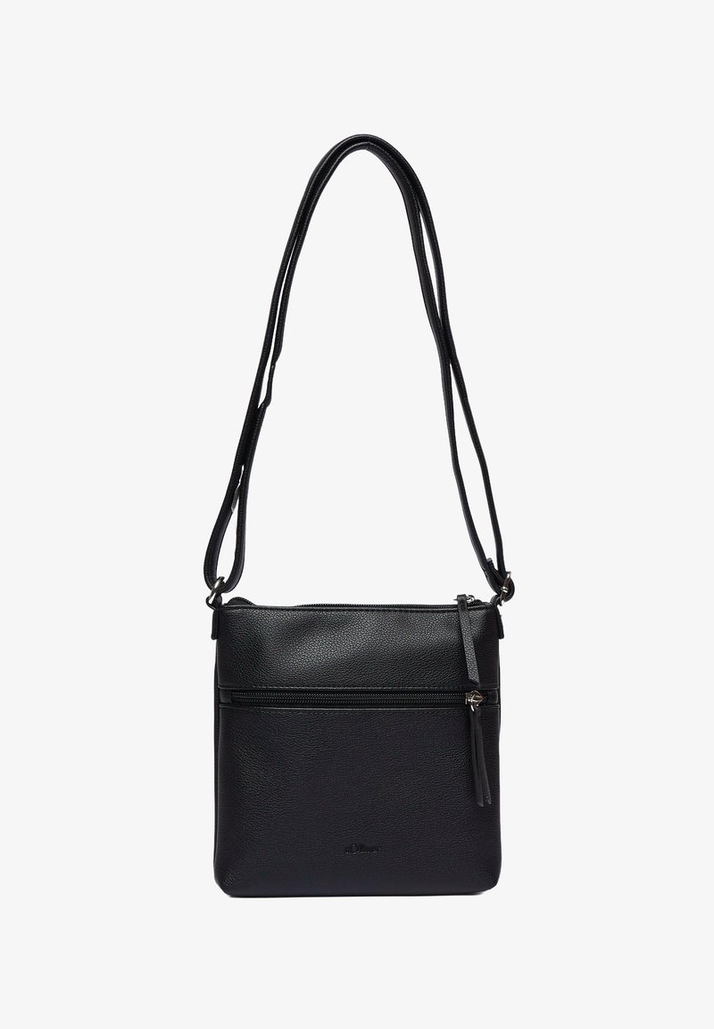 Borsa a tracolla in pelle nera con due scomparti con zip, superficie texture, spallacci regolabili e un piccolo dettaglio con nappina.