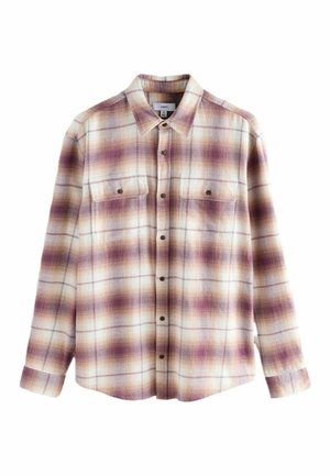 Hosszú ujjú, krémszínű kockás ing lila és narancssárga kockákkal. Gallérral, gombos lezárással és két mellzsebbel rendelkezik. Puha anyagú textúra.