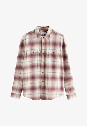 Long-sleeve plaid shirt in cream with purple and orange checks. Features a collar, button-down front, and two chest pockets. Soft fabric texture.