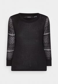 Schwarzes Langarmtop mit Rundhalsausschnitt; verfügt über transparente gemusterte Strickärmel, glattes Material und gerippte Bündchen. Markenlabel innen sichtbar.