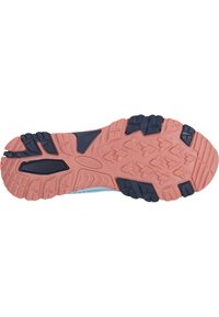 Rosa Gummisohle mit strukturierten Traktionsmustern; mit blauen Akzenten und eingravierter Markenkennzeichnung. Entwickelt für Grip und Langlebigkeit.