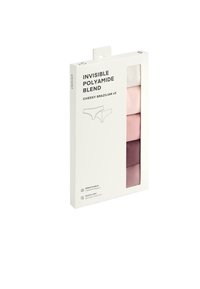 Verpakking van vijf ademende, snel-droog Cheeky Braziliaanse onderbroeken in tinten wit, roze, mauve en bordeaux in een witte verpakking.