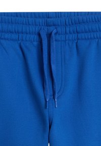 Blauwe joggingsbroek met een elastische tailleband, koorddetail en een gladde, rekbare stofstructuur. Geen extra patronen of accenten.