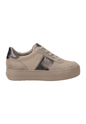 Beige sneaker made of leather and suede, featuring metallic accents, round toe, textured surface, and flat rubber sole with platform height.