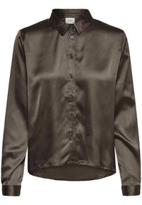 Brun satin skjorte med knapper, krave, lange ærmer og buet kant. Har en glat tekstur og matchende knapper foran.