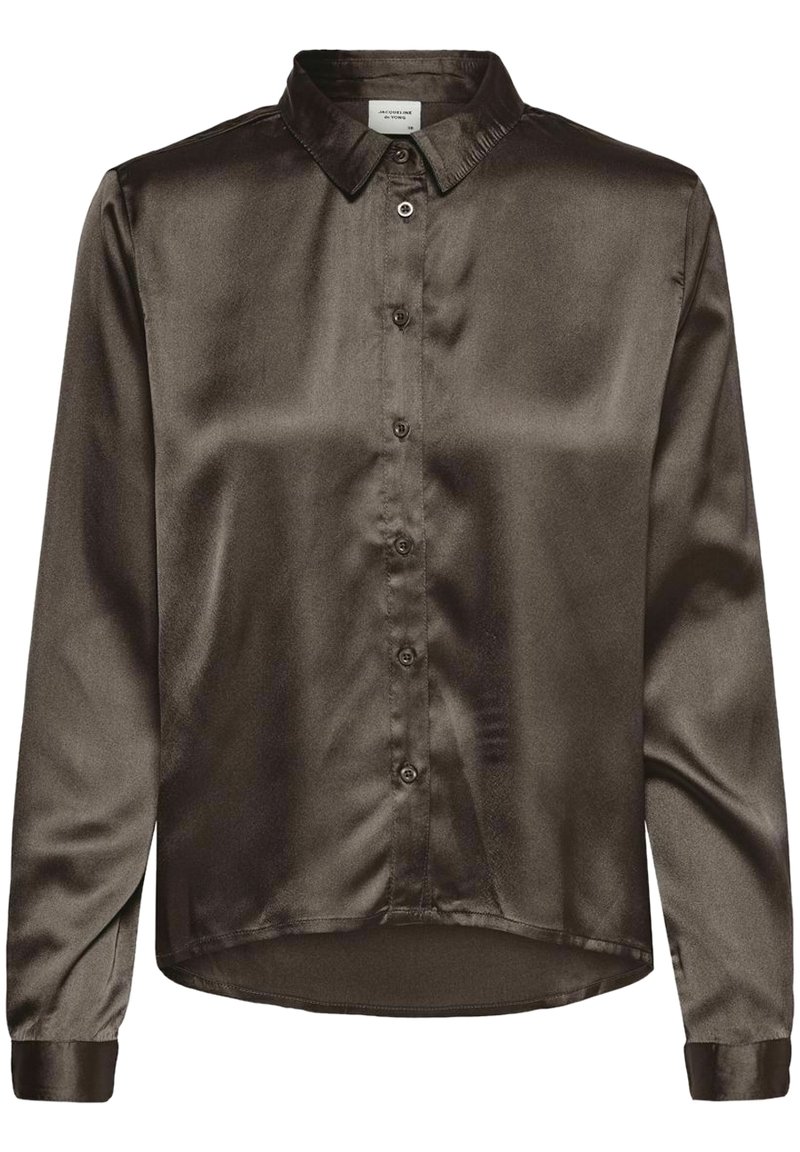 Brun satin skjorte med knapper, krave, lange ærmer og buet kant. Har en glat tekstur og matchende knapper foran.