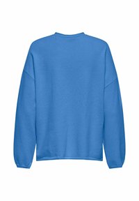 Sweat-shirt bleu à col rond avec manches longues, fabriqué en tissu doux. Présente un design uni et une coupe décontractée. Texture lisse.