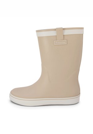 Botte de pluie en caoutchouc beige mi-mollet avec une bordure blanche, une semelle plate, et une languette d'extraction portant l'inscription "Armor-lux" sur un fond blanc.