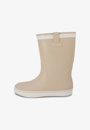 Beige rubber regenlaars tot halverwege de kuit met witte rand, platte zool en een trekband met het label "Armor-lux" op een witte achtergrond.