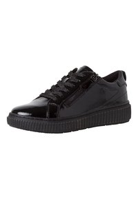 Czarne sportowe sneakersy z błyszczącym lakierowanym wykończeniem, z sznurówkami, zamkiem bocznym i teksturowaną gumową podeszwą.