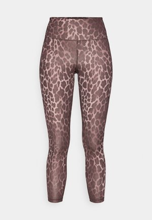 Leggings aus elastischem Material mit braun-pinkem Leopardenmuster, mittelhohem Bund und figurbetontem Schnitt.