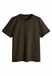T-shirt in cotone a maniche corte con girocollo di colore verde scuro, con orlo dritto, mostrato su uno sfondo bianco.