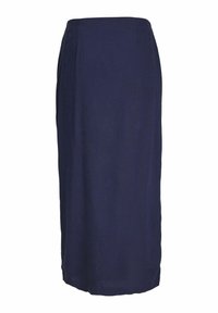 Navyblauwe midi rok van een lichtgewicht stof met een rechte snit, voorzien van subtiele plooien en een gladde afwerking.