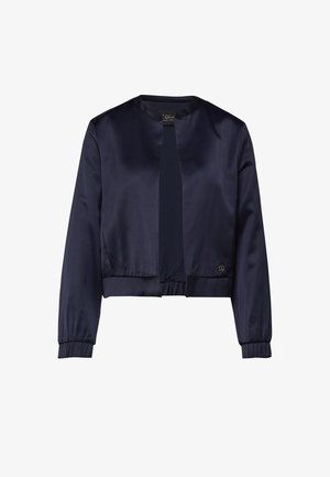 Marineblauer Satin-Cropped-Blazer mit langen Ärmeln, kragenlosem Halsausschnitt, elastischen Bündchen und offenem Vorderteil.