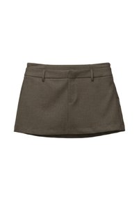 Brown skirt with a tailored design, featuring belt loops, two front pockets, and a textured fabric. Hem is slightly curved.