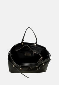 Zwarte leren handtas met dubbele handvatten, ritssluiting, gestructureerde buitenkant en een binnentas met een rits. Accenten in goudkleurig metaal.