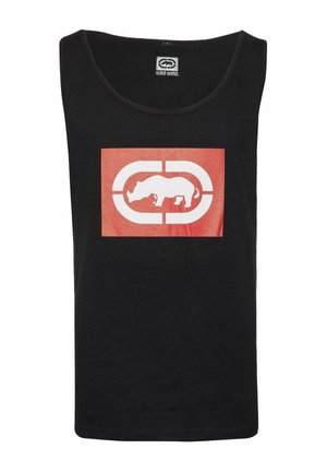 Débardeur noir sans manches avec un rectangle rouge mettant en avant un rhinocéros blanc à l'intérieur d'un logo ovale blanc segmenté sur la poitrine.