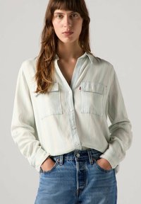 Hellgrünes gestreiftes Hemd mit button-down Kragen, zwei Brusttaschen, langen Ärmeln und lockerer Passform, kombiniert mit hoch taillierten Jeans.