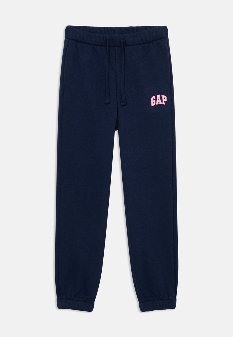 Navy blue sweatpants made of soft fabric, featuring an elastic waistband with drawstrings and a pink "GAP" logo on the left thigh.