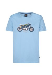 Světle modré bavlněné tričko s grafikou motocyklu v zelené a černé barvě, kulatým výstřihem a krátkými rukávy.