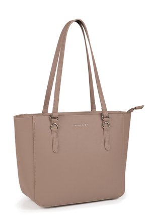 Bolsa tote rectangular beige con asas largas dobles, detalles de anillos metálicos, cierre de cremallera y la marca "VIVISENCE" en relieve en la parte frontal.