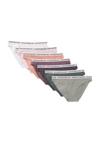 Sieben Paar Damenunterwäsche aus Baumwolle in Pastellfarben, jeweils mit einem weißen Bund mit der Aufschrift "women'secret".