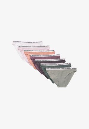 Sept paires de sous-vêtements en coton pour femmes dans des teintes pastel, chacune avec une taille blanche portant l'étiquette "women'secret".