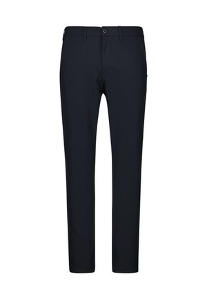 Marineblauwe slim-fit broeken met knoop- en ritssluiting, riemlussen en rechte pijpen op een witte achtergrond.