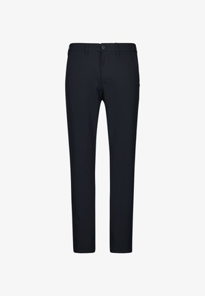 Marineblauwe slim-fit broeken met knoop- en ritssluiting, riemlussen en rechte pijpen op een witte achtergrond.