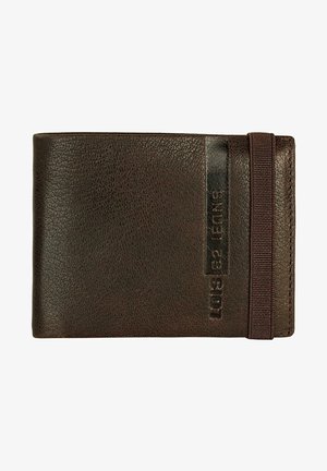 Billetera de cuero marrón con un acabado texturizado, que cuenta con una correa elástica negra y un detalle de logotipo en relieve en la parte frontal.