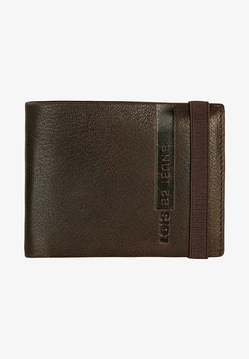 Billetera de cuero marrón con un acabado texturizado, que cuenta con una correa elástica negra y un detalle de logotipo en relieve en la parte frontal.