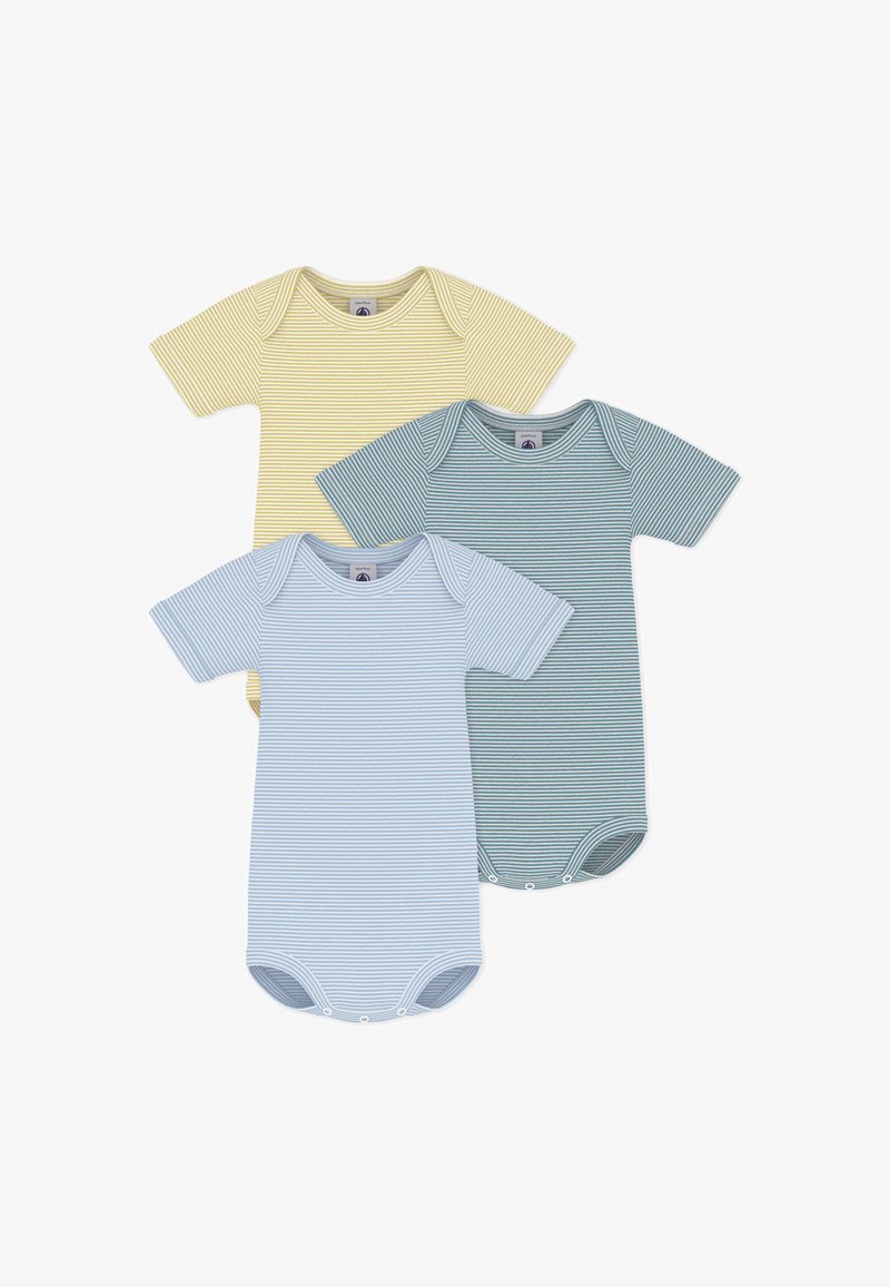 Τρία κοντομάνικα βρεφικά κορμάκια σε ανοιχτό κίτρινο, ανοιχτό μπλε και τυρκουάζ με οριζόντιες ρίγες, με κούμπωμα στο κάτω μέρος.