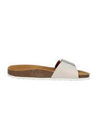 Slide sandal featuring a textured white upper, cork footbed, and white rubber sole with a silver accent buckle detail.