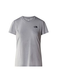 Szara koszulka z krótkim rękawem wykonana z gładkiej tkaniny, z małym czarnym logo na lewej stronie klatki piersiowej. Klasyczny, okrągły dekolt.