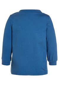 Long-sleeve blue shirt in soft cotton fabric; rounded neckline with a smooth texture and ribbed cuffs, featuring a simple design with no patterns.