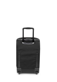 Black rolling suitcase with a fabric exterior, retractable handle, two wheels, and a smooth surface. Features a top handle and no visible patterns.