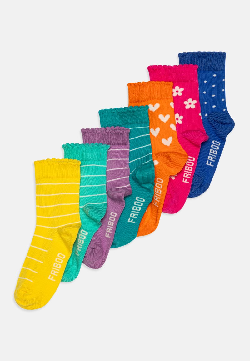 Krāsaini kokvilnas zeķes dažādās krāsās: dzeltenas svītras, tirkīzzilas, purpura, oranžas ar sirdīm, rozā ar ziediem un tumši zilas ar punktiņiem.