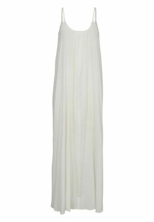Długa, luźna biała sukienka bez rękawów z cienkimi regulowanymi ramiączkami i subtelnymi plisami wzdłuż dekoltu.