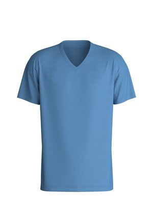Blauwe V-hals T-shirt van zacht materiaal, met korte mouwen en een eenvoudig ontwerp zonder patronen of accenten.