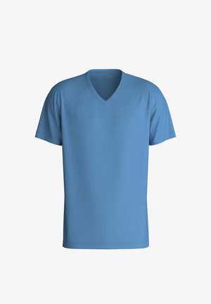 Blauwe V-hals T-shirt van zacht materiaal, met korte mouwen en een eenvoudig ontwerp zonder patronen of accenten.