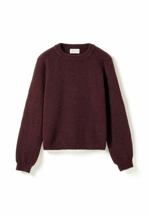 Suéter de punto de manga larga de color burdeos oscuro con cuello redondo y puños acanalados, mostrado sobre un fondo blanco.