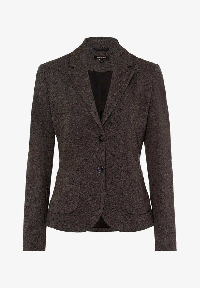 Blazer pour femmes sur mesure de couleur gris foncé avec deux boutons, revers crantés et poches plaquées à l'avant, présenté sur un fond blanc.